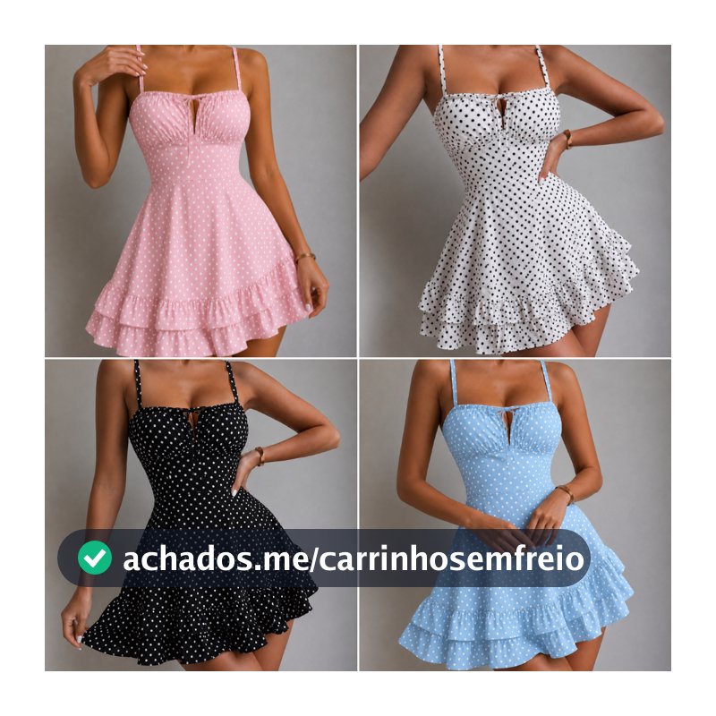 Vestido Crepinho Godê Feminino Curto de Crepe com Bojo Poá Bolinhas Alça Fina Babados Verão moda roupas femininas prince
