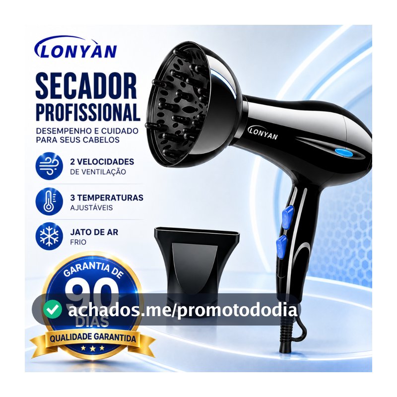 Secador de Cabelos Profissional com Difusor LONYAN 220V 127V 110V tecnologia com Ion 5 Níveis Quente Frio Silencioso