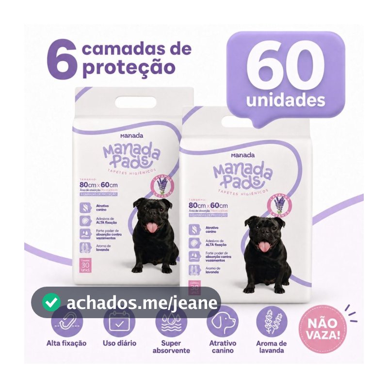 Kit 02 Tapete Higiênico Para Cães Manada Pads Lavanda 80x60cm 30 Unidades