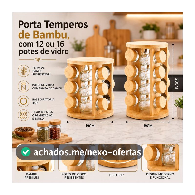 Porta Temperos Premium em Bambu Com 12 ou 16 Potes de Vidro - Organização e Decoração para sua Cozinha - Escolha o Seu