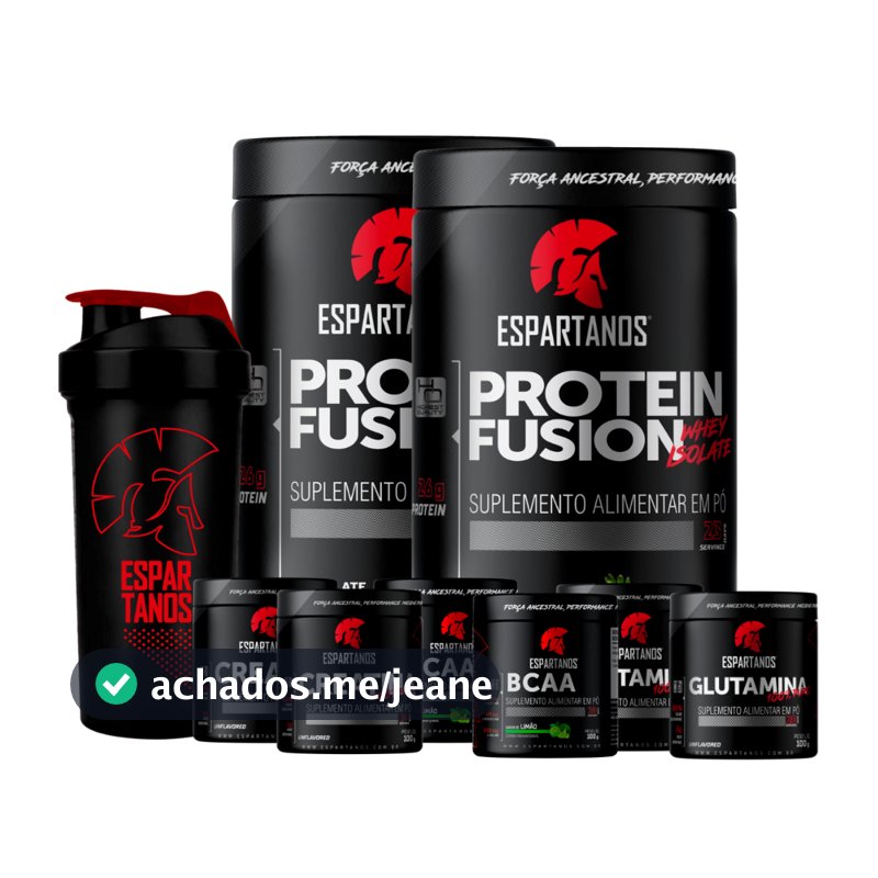 Kit 2x Whey Protein Fusion + 2x Bcaa + 2x Creatina Pura 100% + 2x Glutamina + Shaker - Espartanos