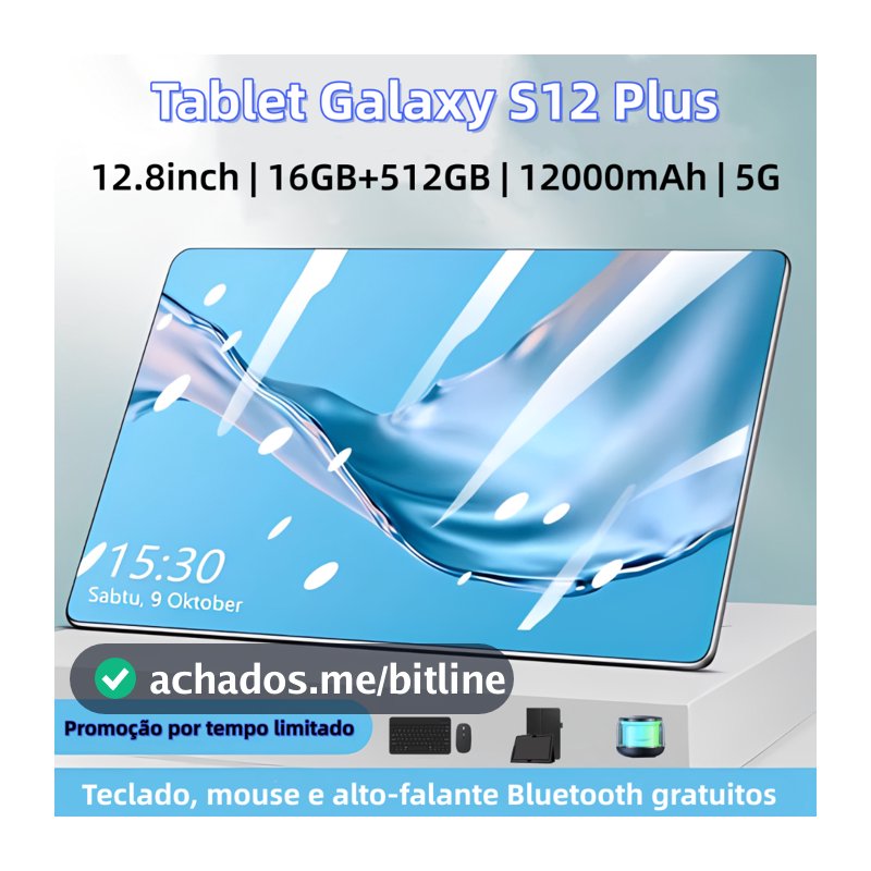 【Teclado e mouse gratuitos】Tablet S12 Plus 16GB de RAM + 512 GB de ROM Tela HD de 12.8 polegadas Android5G