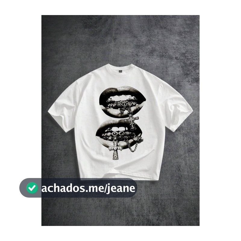 Camiseta Oversized De Manga Curta Branca Com Estampa De Lábios Desgastados Cinza , Strass E Cruz, Streetwear