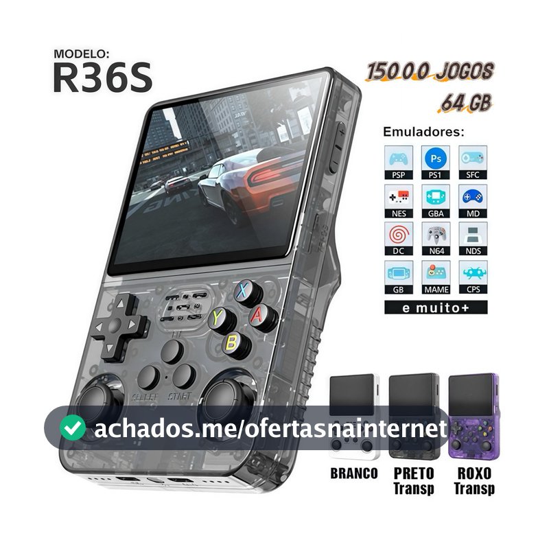 Console Portátil R36S + de 15.000 Jogos Vídeo Game 64g Linux Tela IPS 3.5 Polegadas