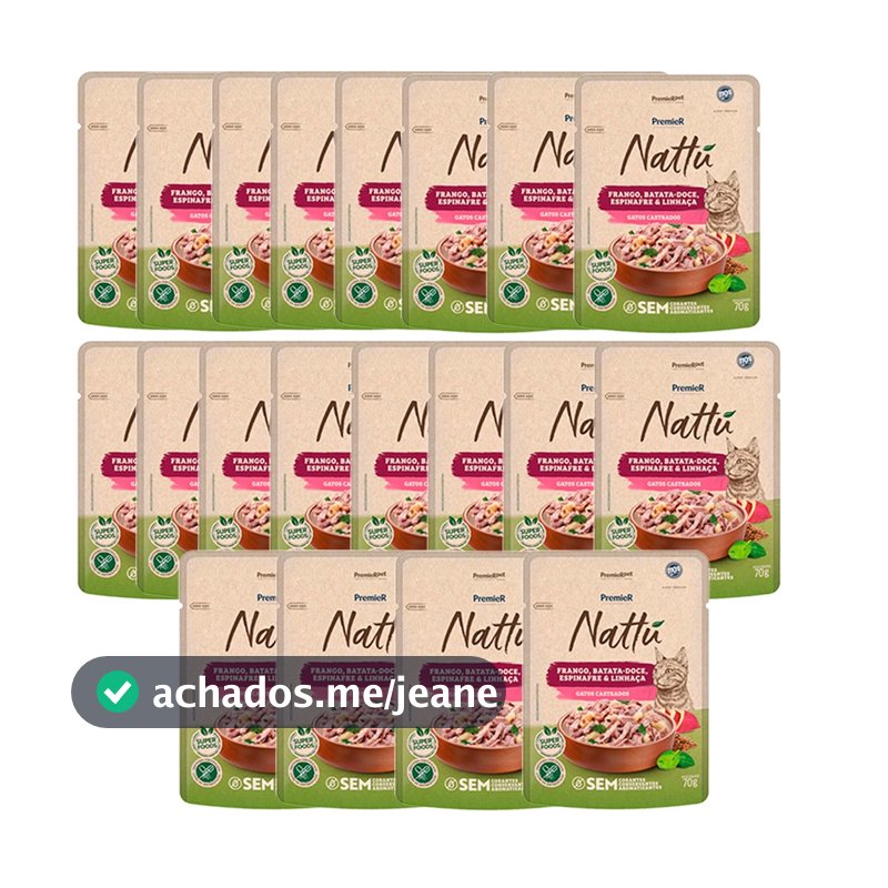 Kit 20un. Ração Úmida Premier Nattu Sachê Gatos Castrados Frango, Batata Doce, Espinafre e Linhaça 70g