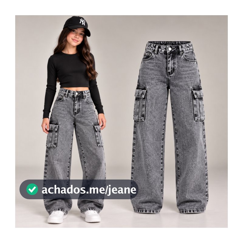 Calça Cargo Wide Leg Jeans Infantil Feminina Preta Marmorizada Chumbo Grafite com Bolsos Streetwear