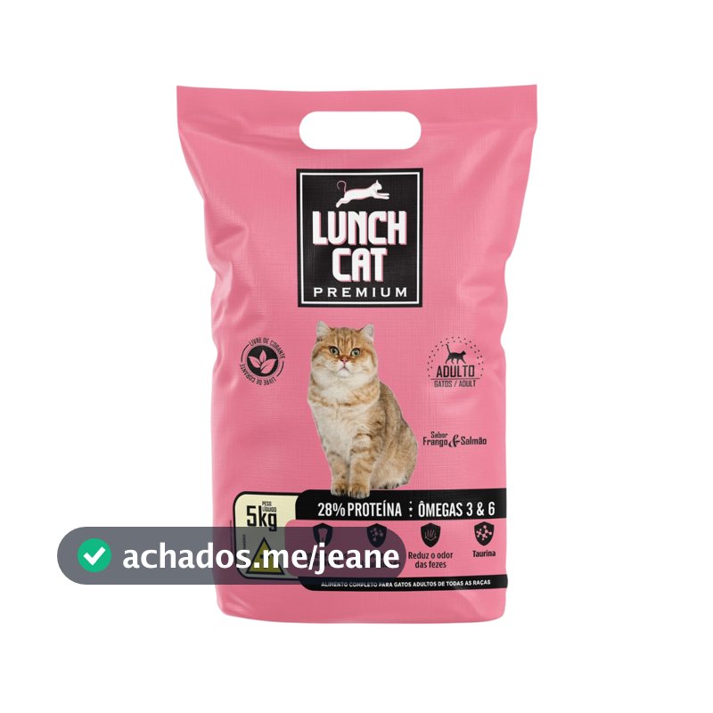 Ração Lunch Cat Gatos Adultos 5kg Frango e Salmão 28% Proteína Premium Natural