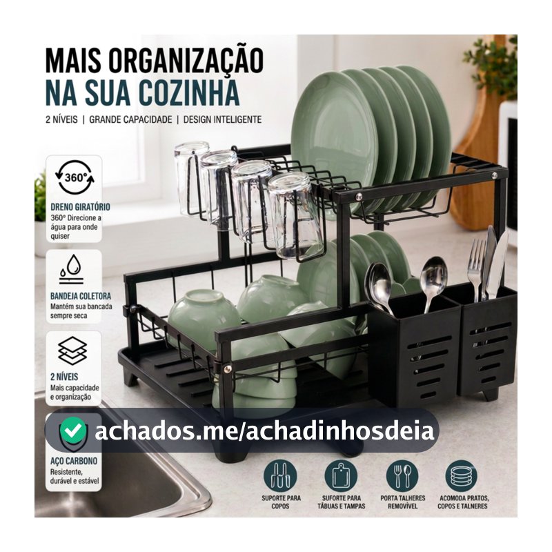 Escorredor de Pratos e Louças Rack Aço Carbono Preto com Bandeja Coletora de Água e Dreno Organizador de Pia Cozinha