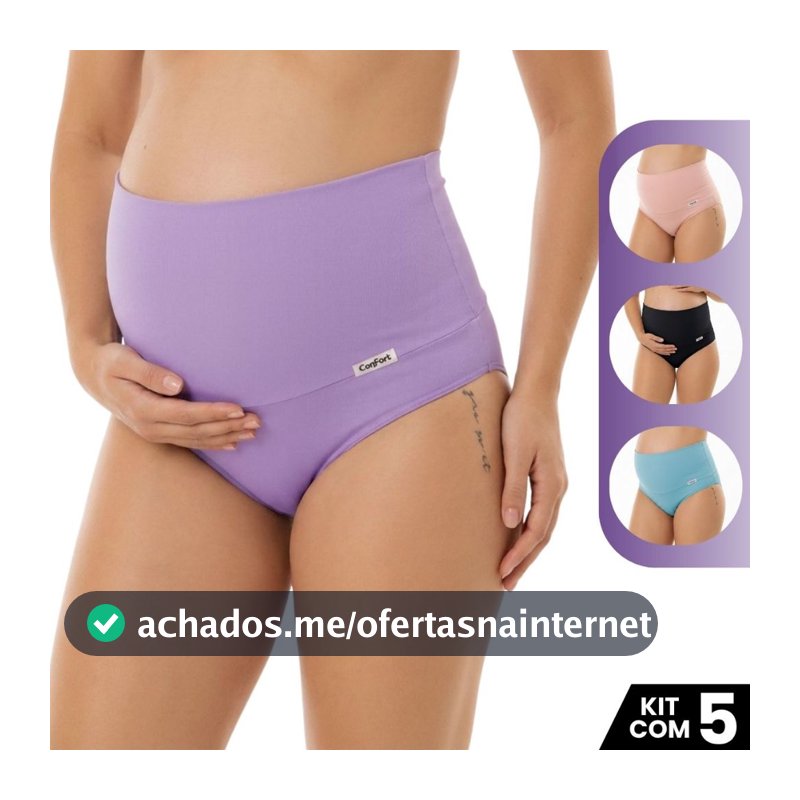 Kit 5 Calcinhas Cós Alto Duplo Gestante Cós Alto 15 Cm Feminina