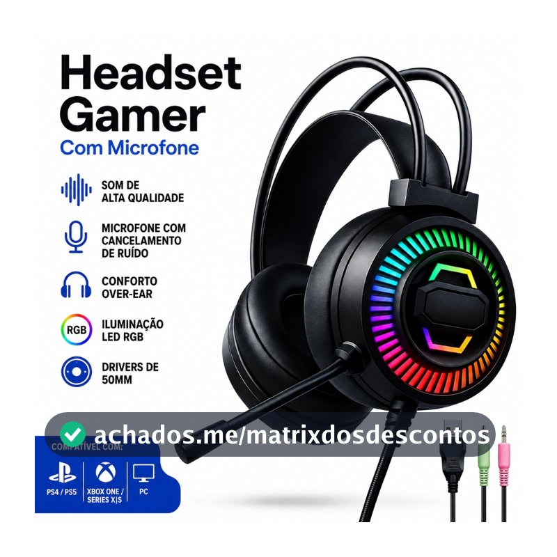Headset Gamer RGB Com Microfone USB PC PS4 PS5 Xbox Fone Gamer LED Alta Qualidade