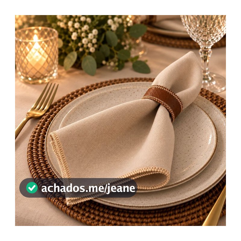 Kit Guardanapos Mesa Posta Luxo com Anéis em Couro 35x35cm Casamento Buffet Eventos