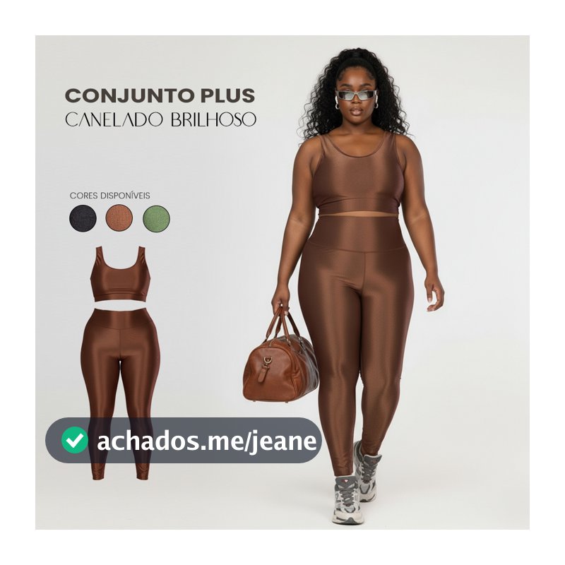 Conjunto Fitness Plus Size Feminino Premium – Top Alça Larga e Legging Cós Alto Canelado Brilhoso