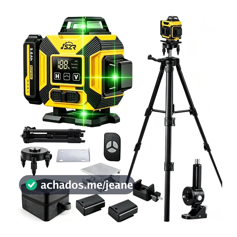 Nível Laser Verde 12/16 Linhas 3D/4D 360° Autonivelante Esquadro Controle Remoto Bateria Dupla Kit Completo