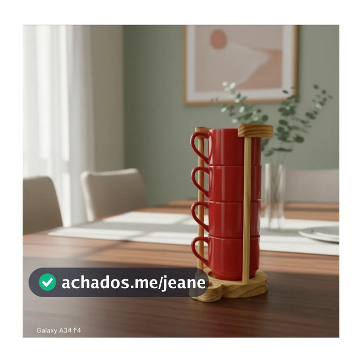 Kit Jogo 4 Caneca Colorida Xicara 200ml Porcelana Café COM SUPORTE MADEIRA