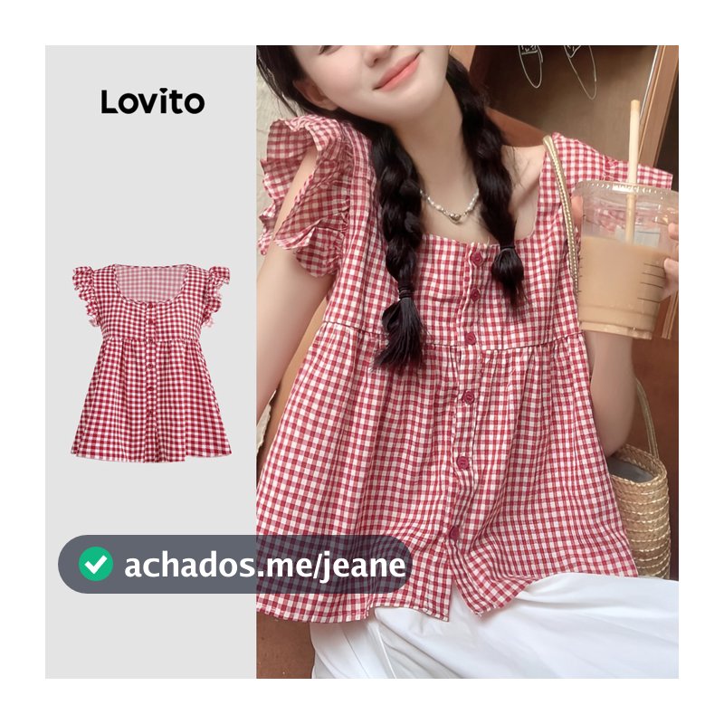 Lovito Férias Blusa Feminina Vermelha Estampa Xadrez Vichy Botões E Mangas Drapeadas Babados Primavera/verão L136AD143