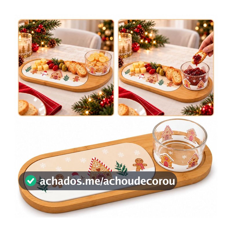Petisqueira De Natal Bambu Encanto Lyor Com Tabua Porcelana Vidro para Mesa Posta Natalina