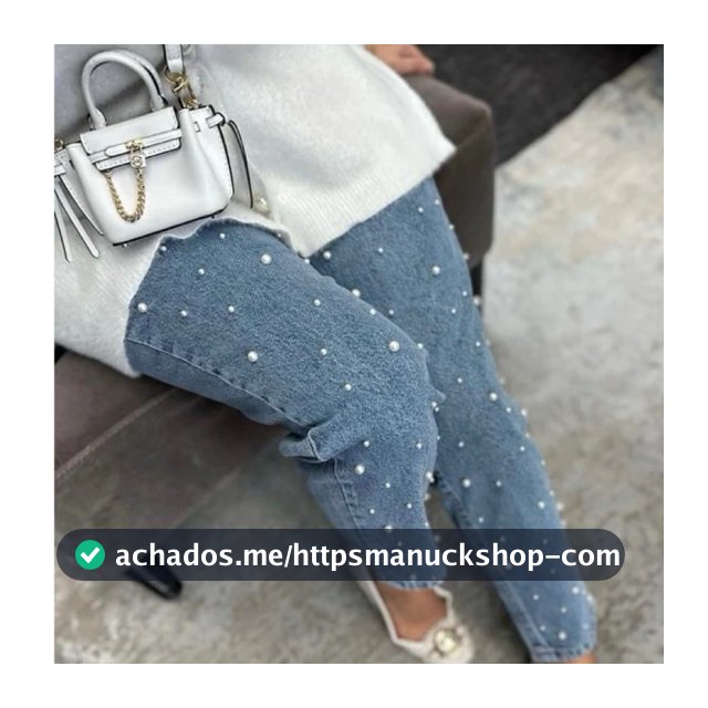 Calça Jeans Feminina com Pérolas Bordadas