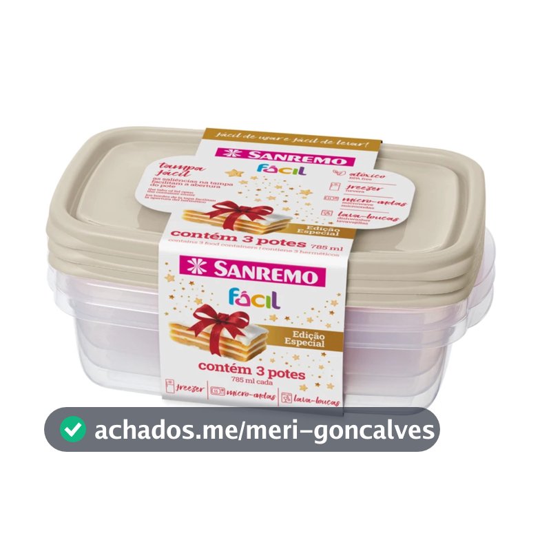 Conjunto 3 Potes Plásticos Sanremo 785ml - Retangular, Hermético, BPA Free, p/ Freezer Micro-ondas
