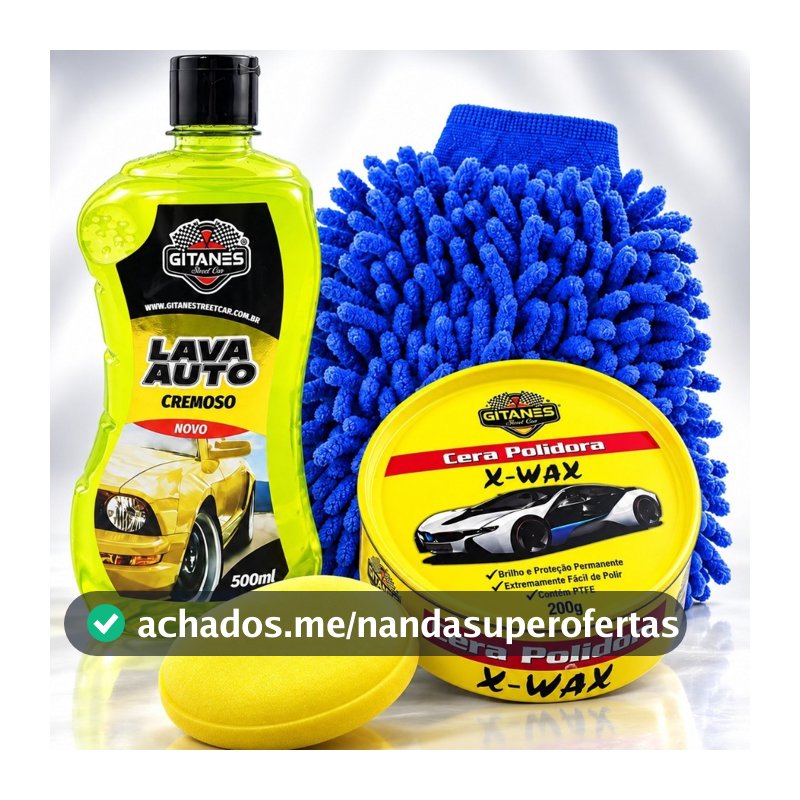 Kit Shampoo Lava Auto Cera Polidora Cremosa Luva Microfibra Aplicador Espuma Lavagem Limpeza Estética Auto Carro Moto