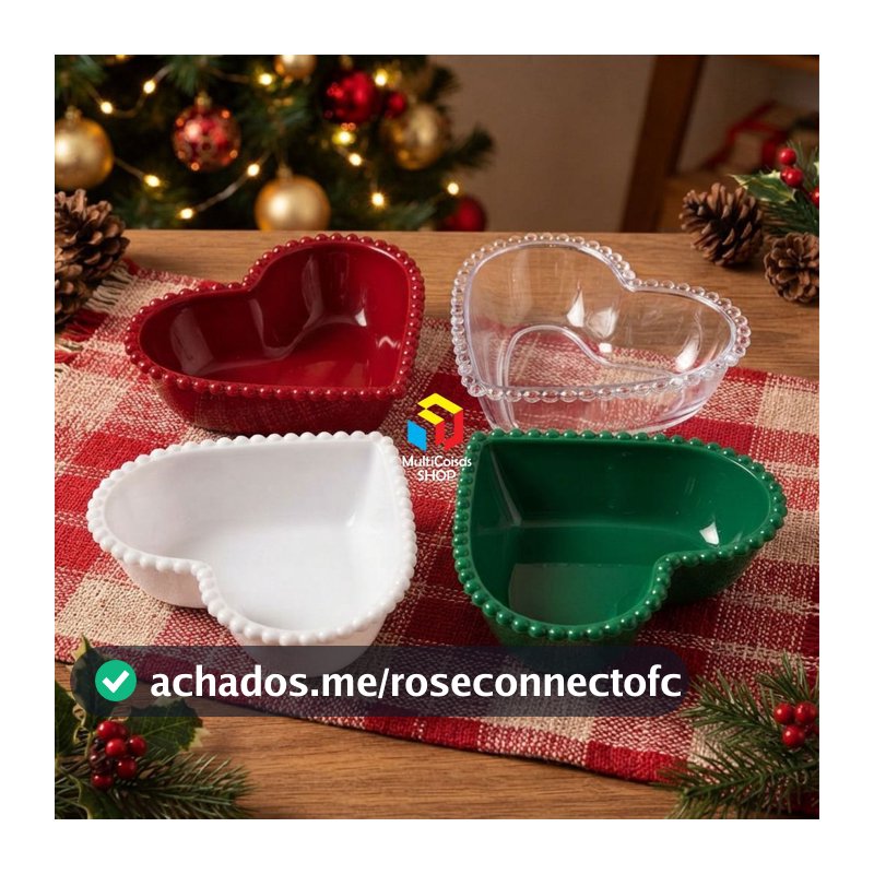 Natal – 10 Petisqueiras Cumbuca Bowl 300ml em Formato de Coração | Acrílico com Borda de Bolinhas para Sobremesas