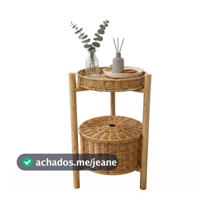 Cesto Organizador Multiuso Prateleira 2 Andares Tampa Cozinha 31x50cm Bambu e Vime