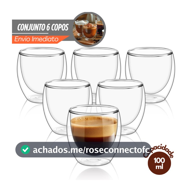 Kit 6 Copos Parede Dupla de Vidro 100 ml Copo de  Café Chá Suco Copo Duplo Isolante Térmico