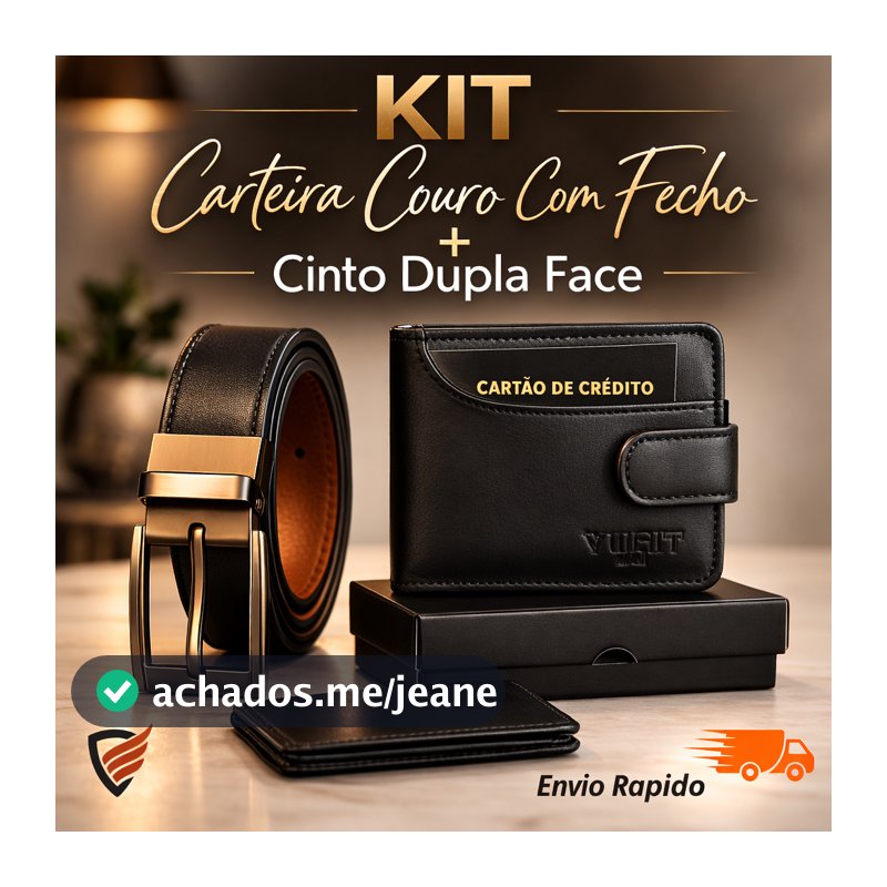 Carteira Masculina 100% Couro com Fecho + Cinto Social Dupla Face com Fivela Giratória | Presente
