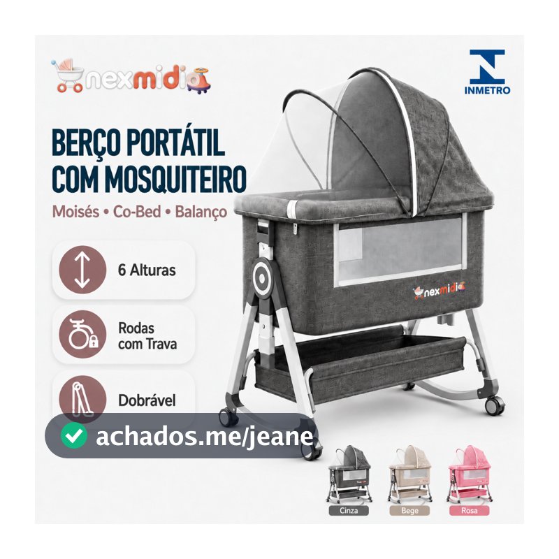 Berço de Bebê Portátil com Mosquiteiro Moisés Co-Bed Balanço 6 Alturas Rodinhas e Trava de Segurança