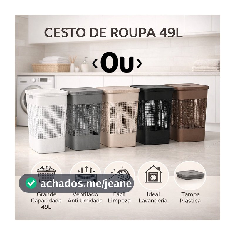 Cesto Roupas 49L Tampa Bambu Plastico Grid Organizador Lavanderia Grande Resistente OU
