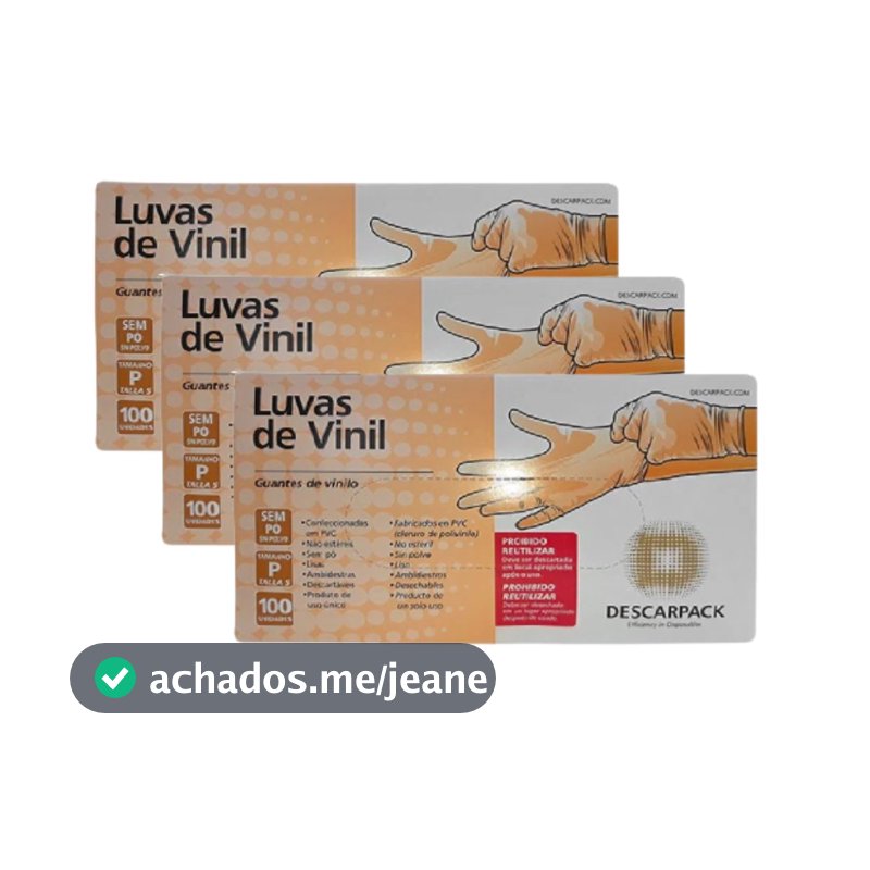 Kit 3 Caixas de Luvas de Vinil Descartável Sem Pó Descarpack 100un