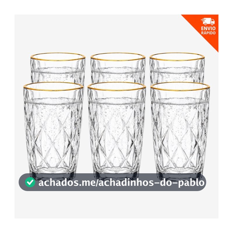 Kit 3 Copos Diamond 370ml Borda Dourada Vidro Premium Transparente Luxo Elegante