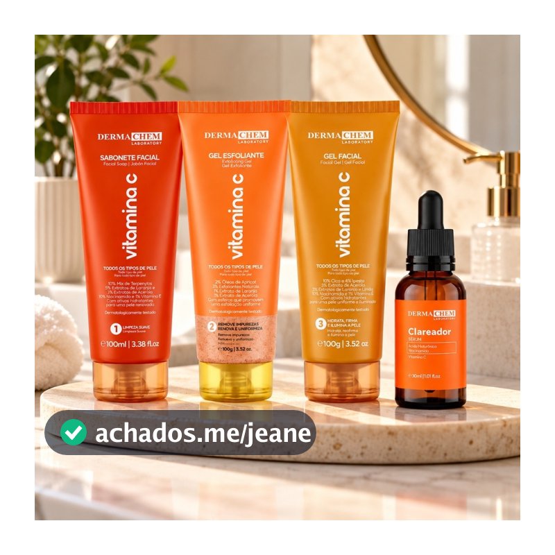 Vitamina C Dermachem Kit Clareador Facial Sabonete + Esfoliante + Gel + Sérum Skincare Limpeza de Pele 4 Itens