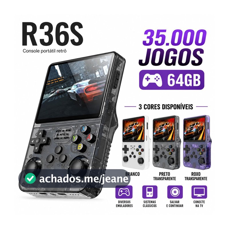 Console Portátil R36S + de 25.000 Jogos Vídeo Game 64g Linux Tela IPS 3.5 Polegadas