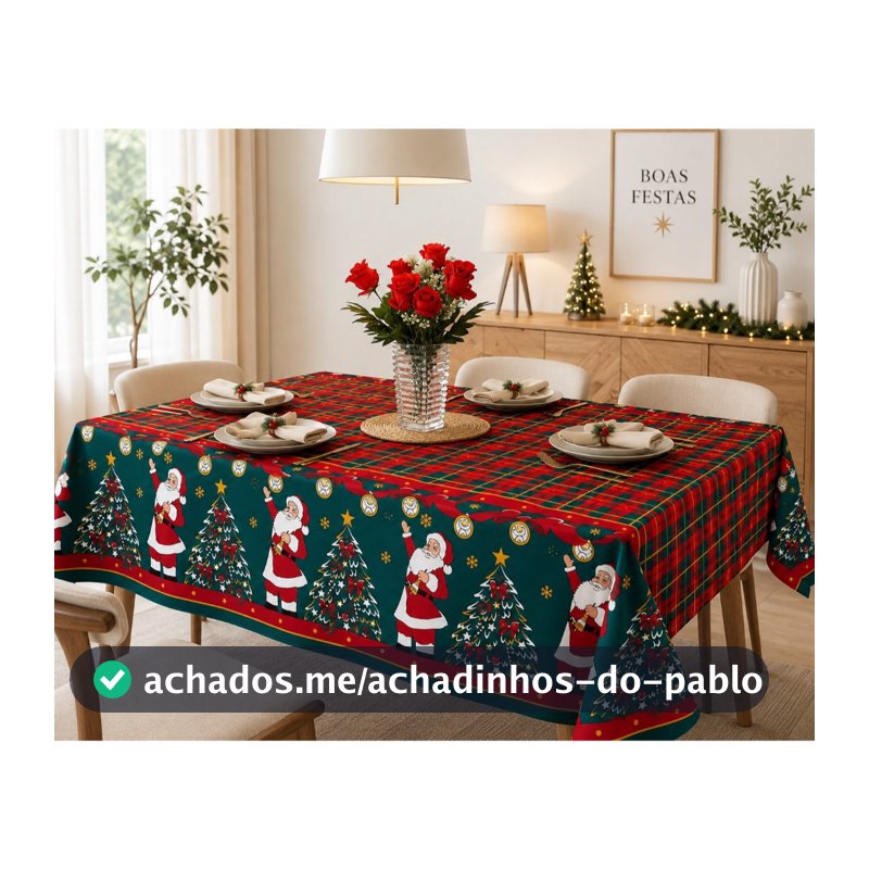Toalha de Mesa Natalina 4, 6 e 8 Lugares Oxford Natal Estampada Papai Noel Vermelho Verde