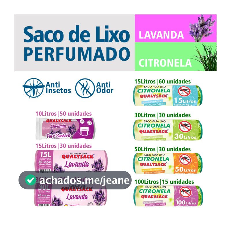 Saco de lixo Aroma Lavanda Citronela Rolo 10L 15L 30L 50L 100L Qualysack Repelente Anti Odor Sacola