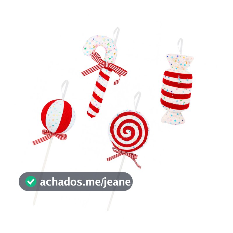 Kit 4 Enfeites Natalino Doce Vermelho para Árvore de Natal Candy Decoração