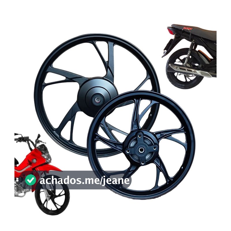 Par Roda Liga Leve Rolamento Moto Pop 100 110i Preto Pé de Galinha Alumínio