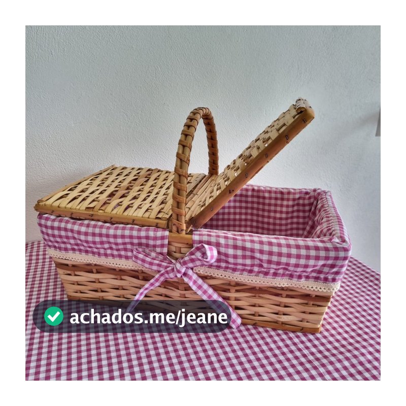 Kit Cesta Piquenique Vime C/ Forro 43x25x16cm + Toalha Xadrez