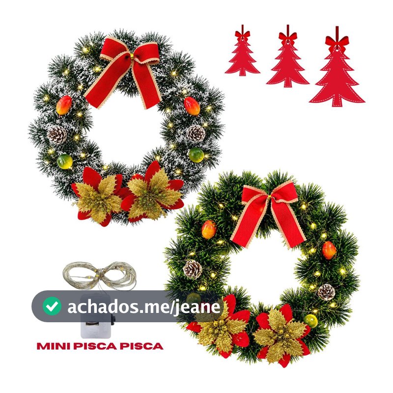 Guirlanda Natalina 24x24cm com Mini Pisca Pisca LED Decoração de Natal para Porta