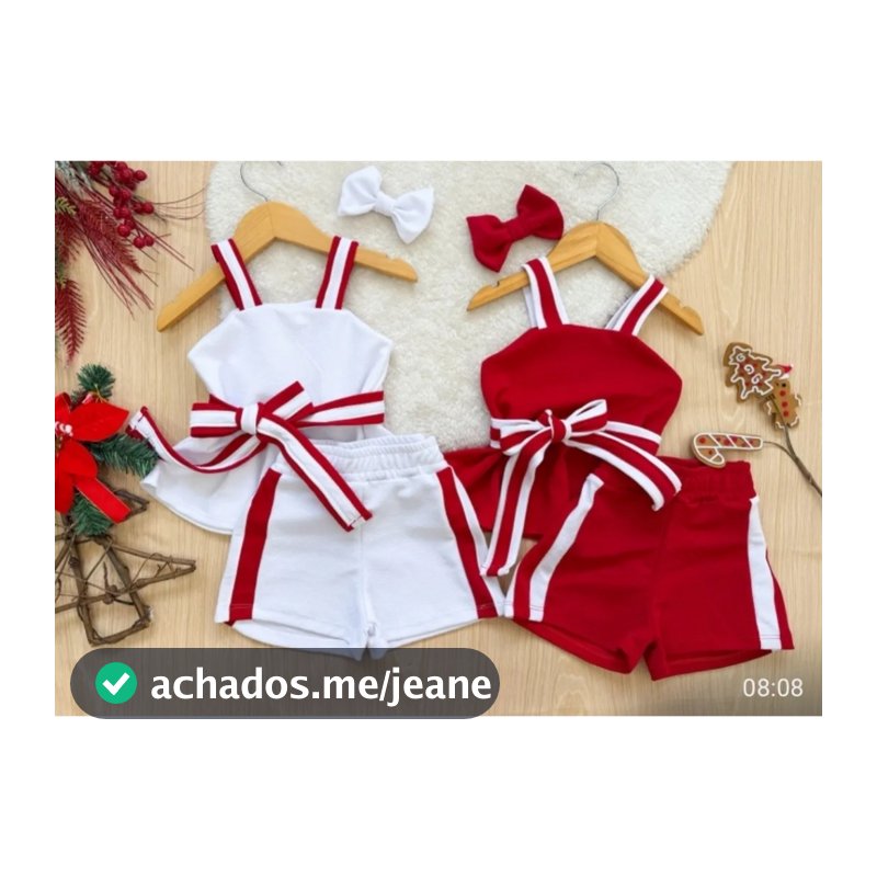 Conjunto Infantil Feminino Natal Cropped Alça Short Laço Vermelho Branco Roupa Menina Festa