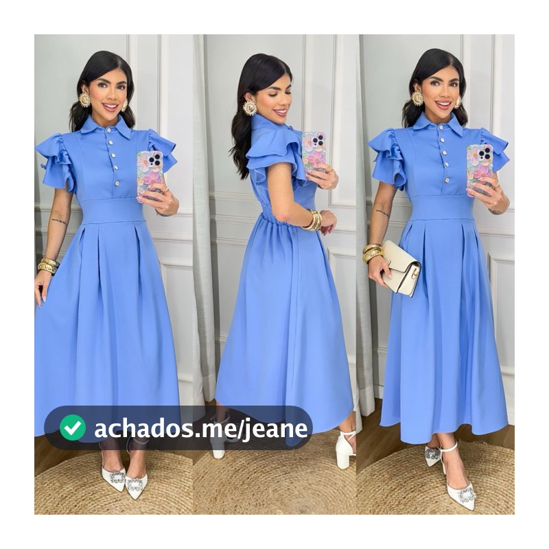 Vestido Midi Feminino/Longuete em Alfaiataria com Detalhes de Botões e Manga Princesa/ Gola Clássica