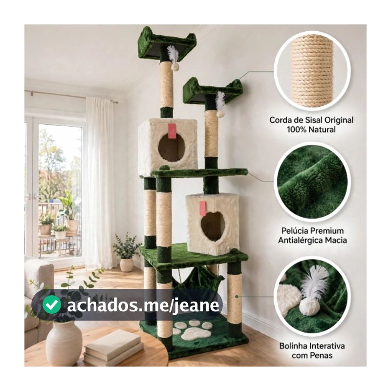 Arranhador Gigante 1,96m para Gatos com 2 Tocas, Rede e Sisal | Torre Casinha Petgrall