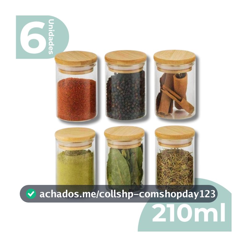 Kit 6 Pote De Vidro Porta Tempero Mantimentos Redondo Borossilicato Tampa De Bambu 210ml