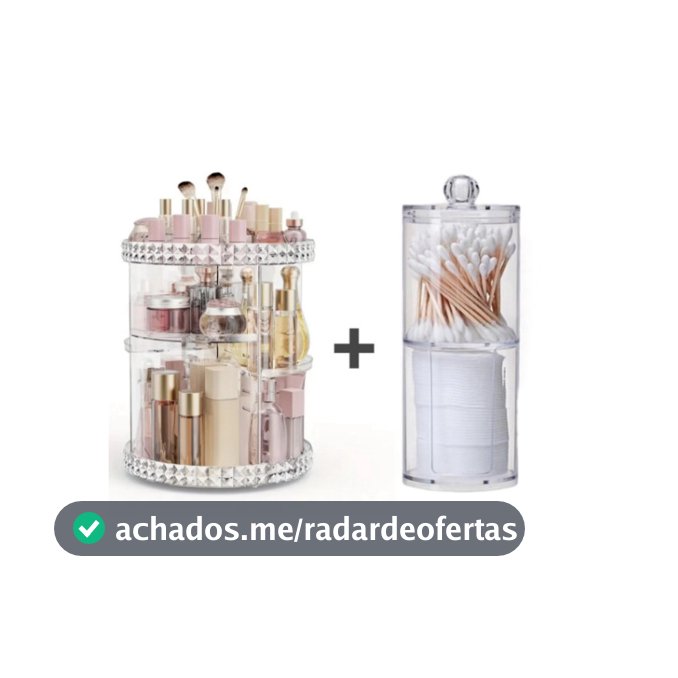 Kit Organizador Cosmético Maquiagem Acrílico Giratório 360º + Organizador Acrílico Porta Algodão E Cotonete 2 Em 1