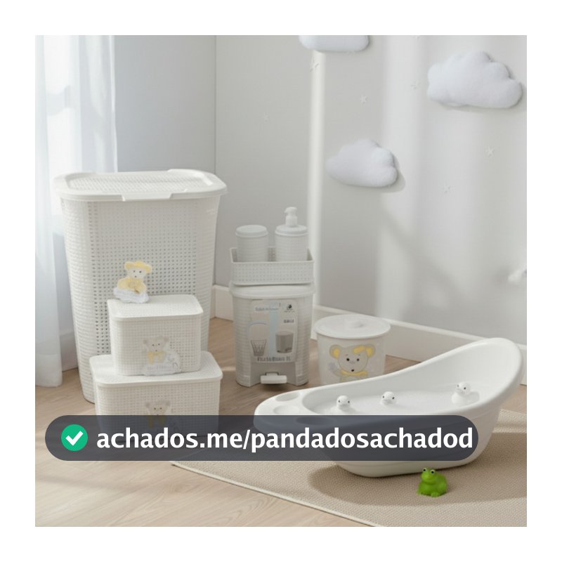 Kit Organizador Quarto Bebê completo 7 peças Branco Banheira Rattan Cesto Lixeira Caixa Multiuso