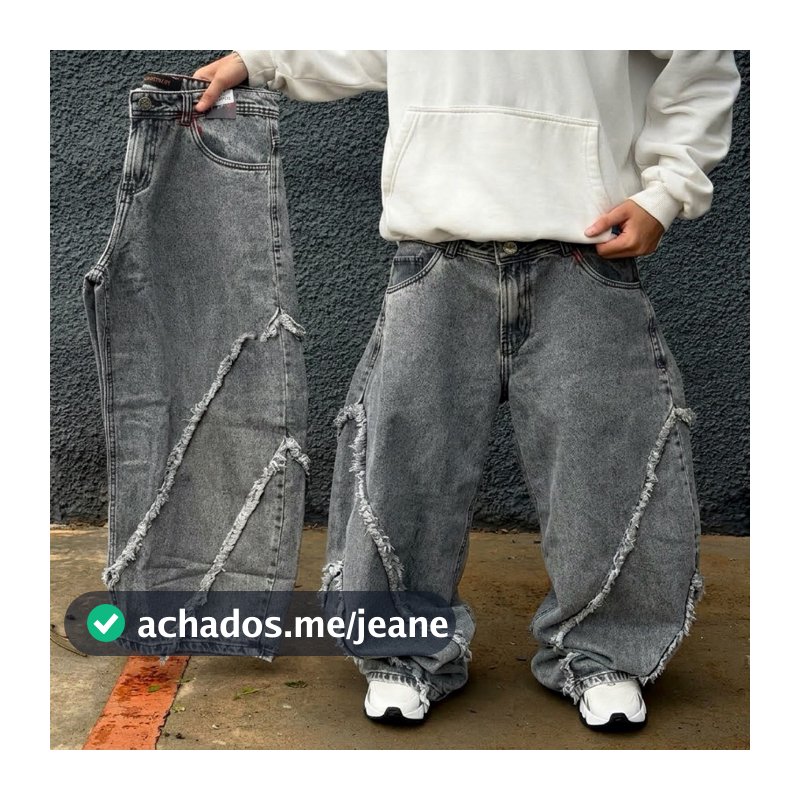 Calça Jeans Super Larga BARREL Cinza-Estonado Recort Desfiado Streetwear Diferenciada