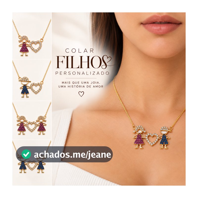 Colar Filhos Personalizado Feminino Mãe com Pingentes Menino e Menina Semijoia Banhada Ouro 18K