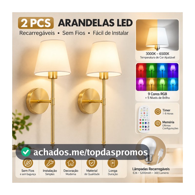Kit 2 Arandelas de Parede LED Douradas Recarregáveis RGB com Controle Remoto
