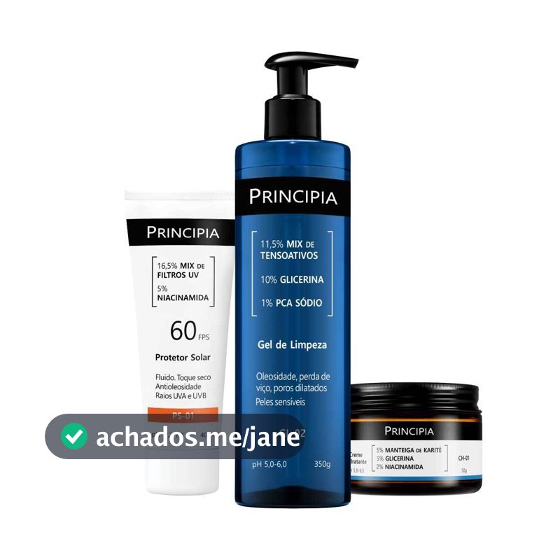 Principia Kit Completo Peles Sensíveis c/ Gel de Limpeza GL-02 + Creme Hidratante CH-01 + Protetor Solar PS-01 FPS 60