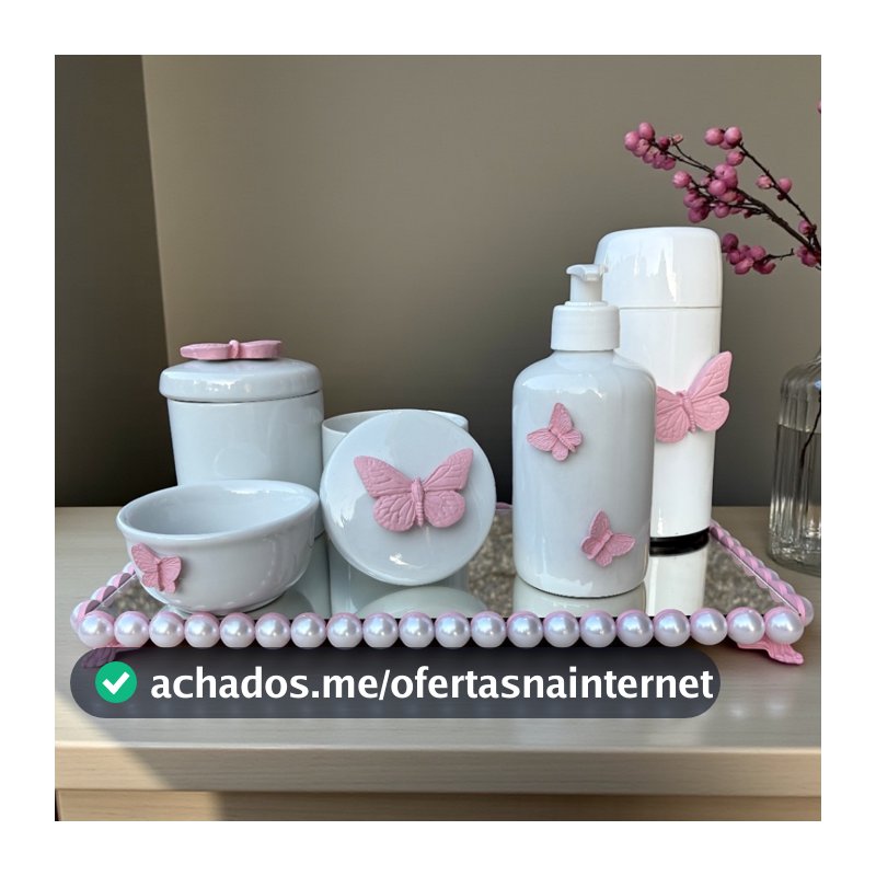 Kit higiene do bebe porcelana Borboletas com bandeja espelhada e perolas